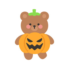 Cute Brown Bear in Pumpkin Costume with Jack O Lantern Face Halloween Isolated on White Background