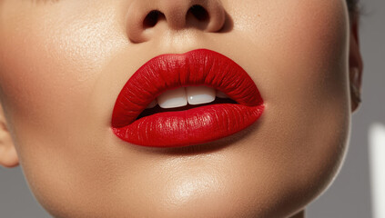 Bold red matte lipstick accentuates full lips with luxurious elegant close-up glamour