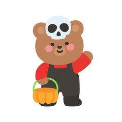Cute Bear with Skull Mask Holding Pumpkin Bucket Halloween Isolated on White Background