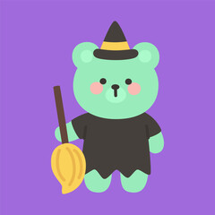 Cute Green Bear Witch Holding Broom on Purple Background