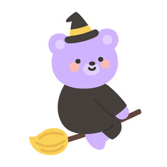 Cute Purple Bear Witch Riding Broom on White Background
