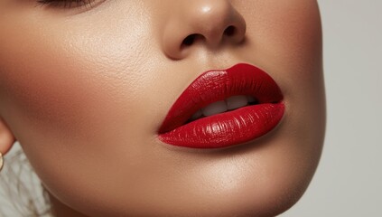 Naklejka premium Bold red matte lipstick accentuates full lips with luxurious elegant close-up glamour