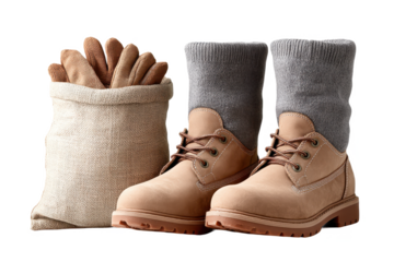 A pair of rugged boots with rolled gray socks, accompanied by a burlap sack containing gloves.