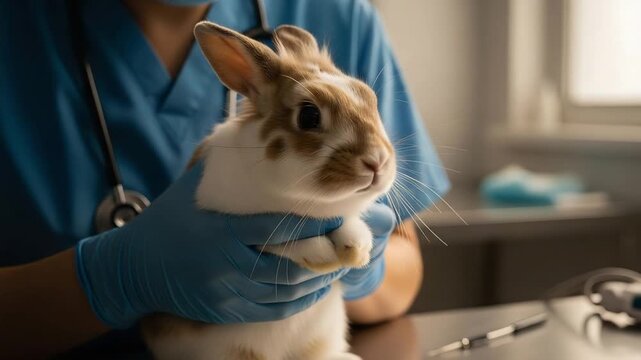 Veterinarian examines pet rabbit at animal clinic