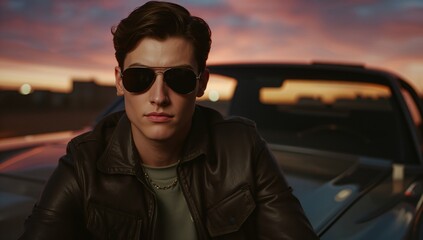 Young man on classic 1980s sports car at neon sunset city