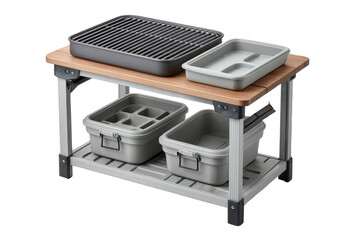 A versatile kitchen prep table featuring a wooden top, a grilling surface, and multiple storage containers for efficient organization.