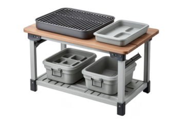 A versatile kitchen prep table featuring a wooden top, a grilling surface, and multiple storage containers for efficient organization.