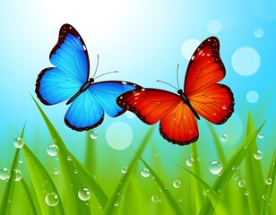 Two vibrant butterflies in flight over dewy grass, sunlit background