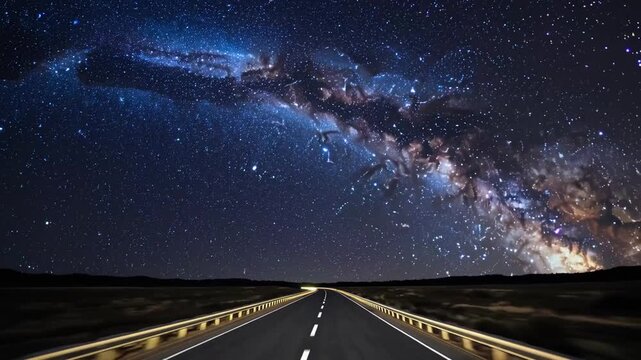 long exposure graph of highway at night, with streams of car light trails under starry sky featuring the Milky Way
