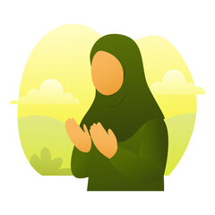 Illustration of a Muslim woman praying with raised hands, symbolizing faith, worship, devotion, and spirituality. Perfect for Islamic, religious, and cultural themes.