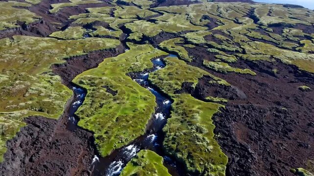 Landscape Where Volcanic Rock Formations Are Obscured by Arctic Flora and Meandering Streams