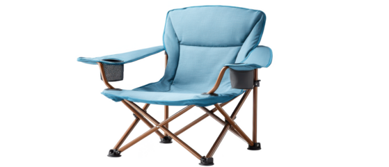 A comfortable, portable folding chair designed for outdoor use, featuring a blue fabric seat and a cup holder.