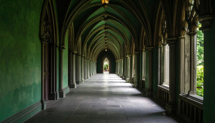Fototapeta premium Gothic corridor with green walls and arched ceiling illuminated by hanging lamps creating peaceful atmosphere