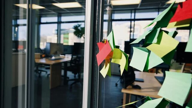 Removable sticky memos arranged in coniferous holiday form attached to transparent pane
