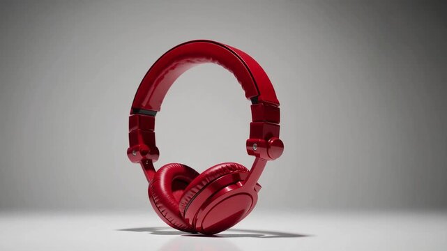 pair of audio listening devices in vivid red hue are shown in isolation with removed background for editing