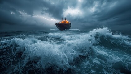 Massive cargo ship battling fierce ocean waves beneath stormy grey clouds