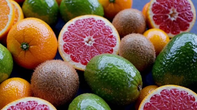 Close Up of Various Citrus Fruits Including Oranges Grapefruit and Kiwi