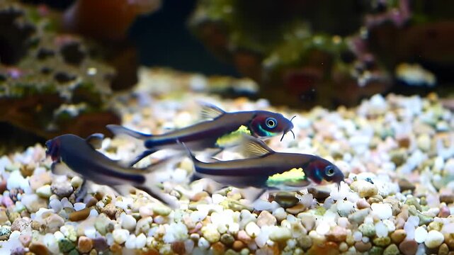 Corydoras Catfish Gliding Slowly Over Pebbles and Small Coral in Clear Aquarium