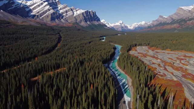 overhead perspective of the renowned scenic roadway connecting two national parks in the Canadian Rockies