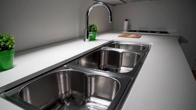 Immaculately Clean and Empty Kitchen Sink in Modern Household Kitchen