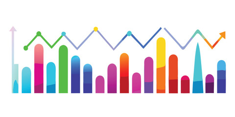 Colorful gradient bar chart with line graph and upward arrow data finance
