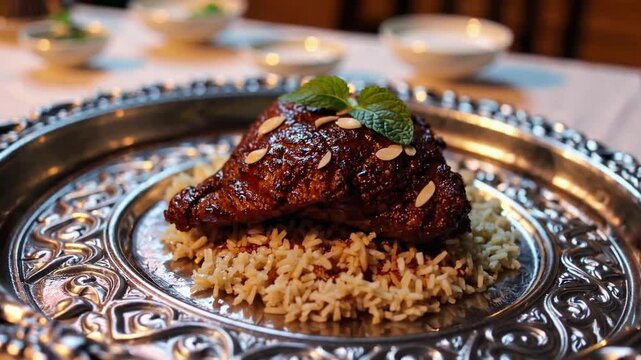 Video Footage Showcasing Traditional Middle Eastern Rice Dish Often Prepared and Consumed During the Holy Month of Ramadan, Commonly Served with Oven-Baked Lamb