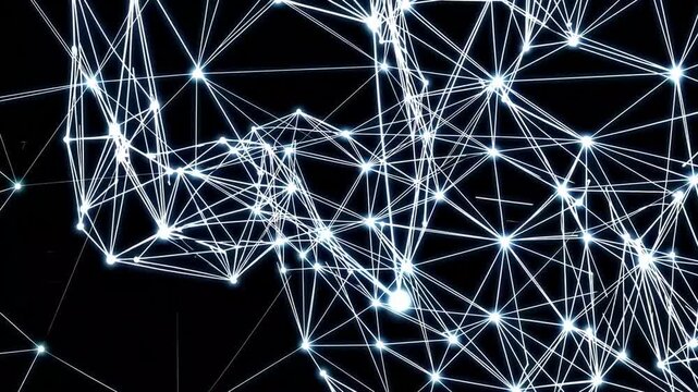 Non-representational alabaster specks upon ebony backdrop. Interlinked grid configuration. Prospective technological component. Three-dimensional graphic