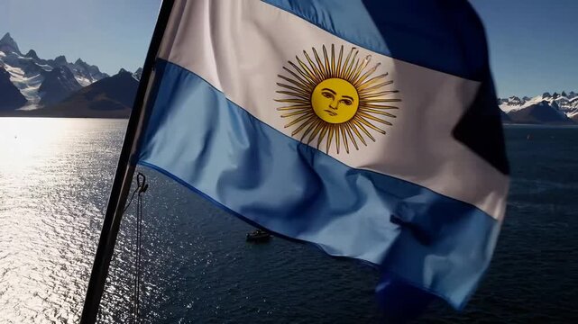 National Flag of Argentina Displayed in the Outdoor Environment of Ushuaia in the Region of Tierra del Fuego