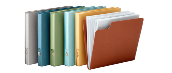 A collection of colorful file folders arranged in an orderly manner, showcasing various shades and sizes.