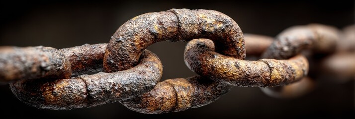 Close-up of an ancient rusted metal chain showcasing texture and detail in a dimly lit environment