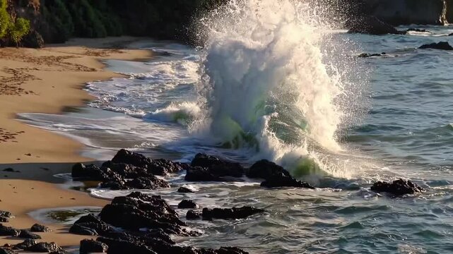 Slow motion capture of ocean waves crashing against rocks submerged in the water