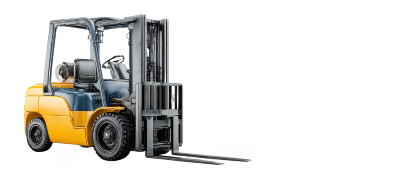 A detailed view of a yellow and black forklift, showcasing its lifting mechanism and ergonomic design.