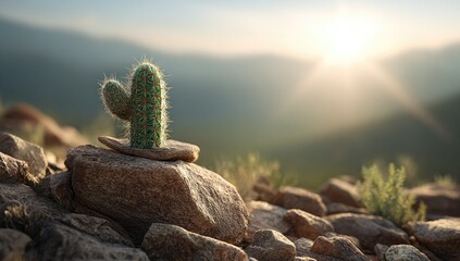 A small cactus rests on stacked stones atop a rocky outcrop, overlooking a sunlit mountain range