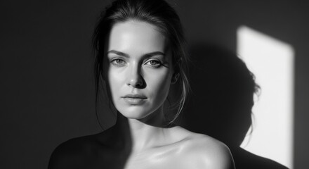 Black and white portrait of young caucasian female with dramatic lighting