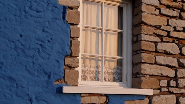 Aged Stone Building Exterior Featuring Blue-Colored Wall and Front Window