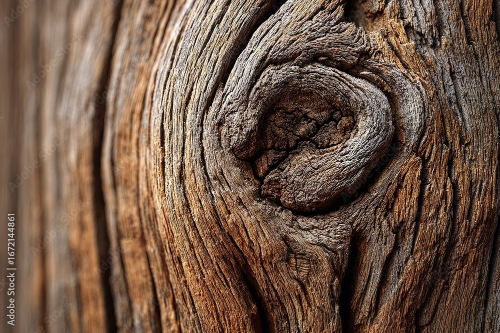 Aufkleber detailed view of weathered wood showcasing intricate knots and grain patterns in a rustic setting