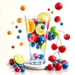 Vibrant Fruit Infusion: Glass with Orange, Berries & Citrus in Carbonated Bubbles on Terrazzo Base - Floating Mid-Air Fruit Scatter