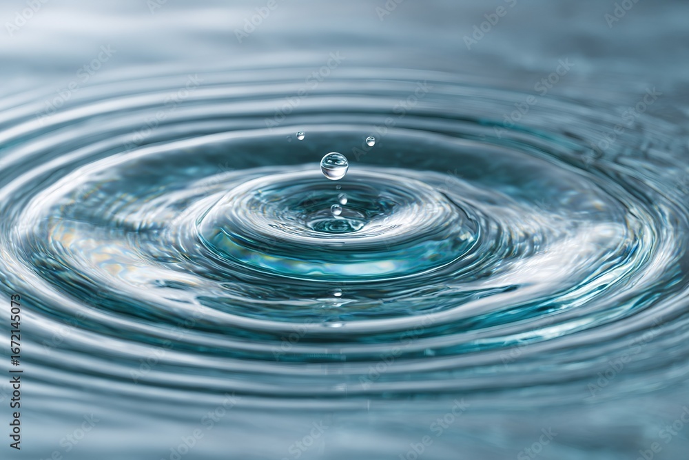 Poster rippling water surface captures the moment of a drop creating concentric circles in a calm pool at m
