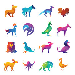 Diverse animal icons with vibrant liquid gradient colors on white background vector