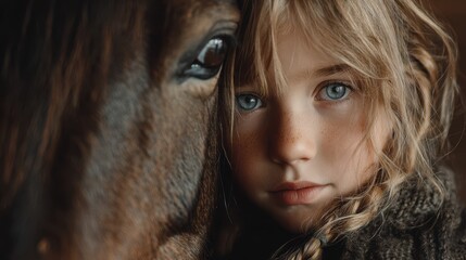 Young girl shares a tender moment with her horse in a cozy barn setting during golden hour