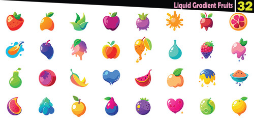 Diverse collection of stylized fruit icons with liquid gradient effects and vibrant colors strawberry