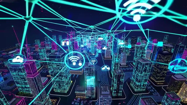 conceptual design for smart urban environment featuring various technology icons and connected elements