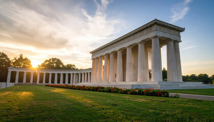 Ancient style white marble monument with columns at sunset surrounded by green grass and flowers