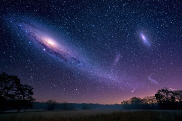 Fototapeta premium View of andromeda galaxy and other celestial bodies over a serene landscape at night