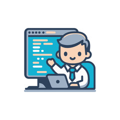 A cheerful programmer working at a laptop, coding on a computer screen in a modern office