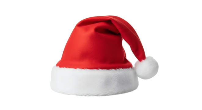 Classic red and white santa hat with a furry pom pom in the middle