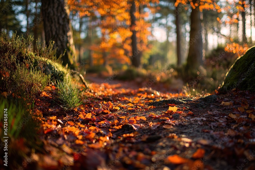 Poster vibrant autumn path with fallen leaves and sunlight filtering through trees in a serene forest setti
