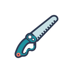 A close-up view of a hand saw with a teal handle, showcasing its sharp blade and design