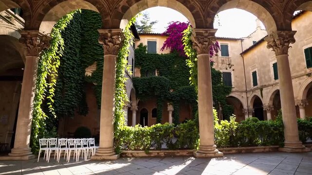 historic stone cloister courtyard with arches and lush greenery serving as picturesque location for civil wedding ceremony
