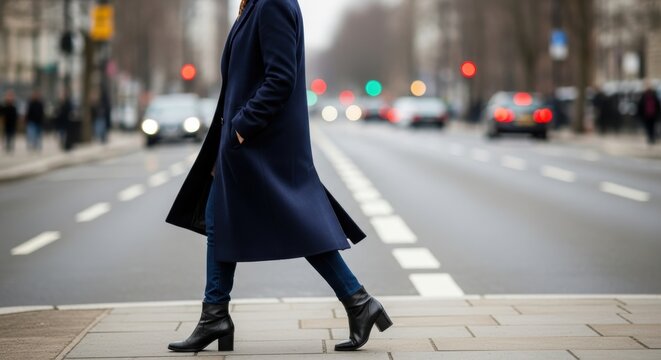Young adult female in blue coat crossing city street on overcast day